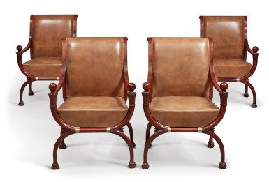 View full screen - View 1 of Lot 154. A Set of Four Directoire Mahogany Fauteuils en Curule Attributed to Georges Jacob, After a Design by Charles Percier, Circa 1800.