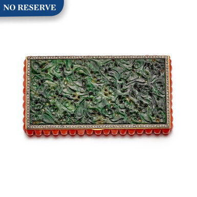 View full screen - View 1 of Lot 1214. BERLIOZ LEROY | JADE, CORAL AND DIAMOND POWDER CASE | 玉石 配 珊瑚 及 鑽石 粉盒.