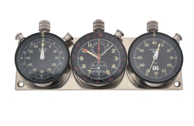 View full screen - View 1 of Lot 100. Rally-Master Triple set A plate-mounted set of Rally Master dashboard clock including a Super Autavia chronograph clock, a Monte-Carlo stopwatch and a Sebring split second chronograph Circa 1968.
