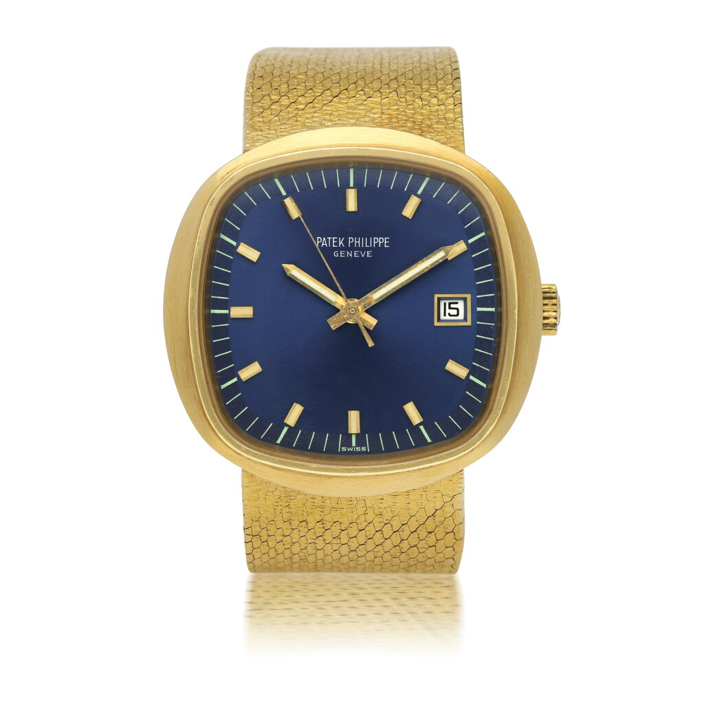 View full screen - View 1 of Lot 114. PATEK PHILIPPE | REFERENCE 3587 'BETA 21' A RARE YELLOW GOLD CUSHION FORM BRACELET WATCH, MADE IN 1971.