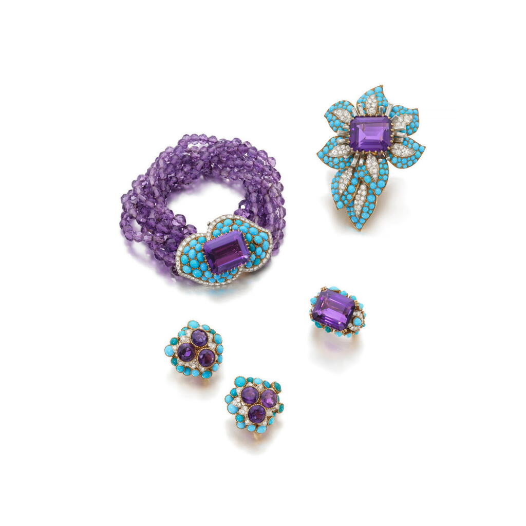 View full screen - View 1 of Lot 553. Amethyst, turquoise and diamond parure, 1950s.