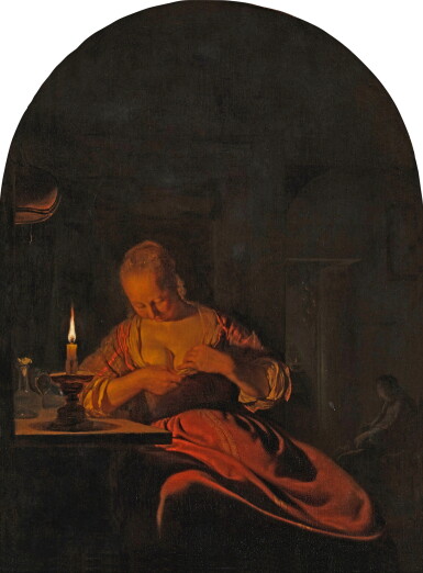 View full screen - View 1 of Lot 22. A young woman searching for fleas by candlelight.