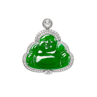 View full screen - View 1 of Lot 604. Jadeite Buddha and Diamond Pendant | 天然翡翠雕「彌勒佛」配 鑽石 掛墜.