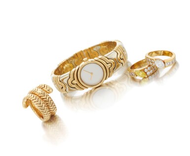 View full screen - View 1 of Lot 107. 'Parentesi' bracelet-watch and 'Spiga' ring, Bulgari, and two diamond rings (Orologio da polso 'Parentesi' e anello 'Spiga', Bulgari, e due anelli in diamanti).