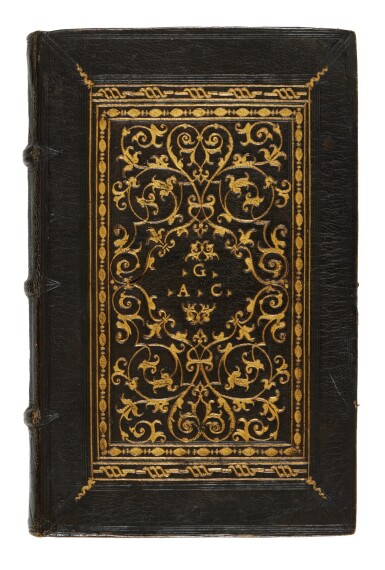 View full screen - View 1 of Lot 1354. Pontano, De aspiratione libri duo, Venice, Heirs of Aldo Manuzio & Andrea Torresano, 1519, Roman black morocco over thin wooden boards, early 1540s.