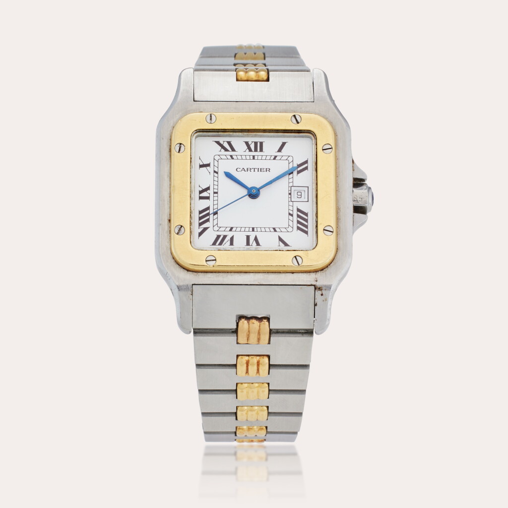 View full screen - View 1 of Lot 413. Reference 2961 Santos Carrée | A yellow gold and stainless steel automatic wirstwtach with date and bracelet, Circa 1990.