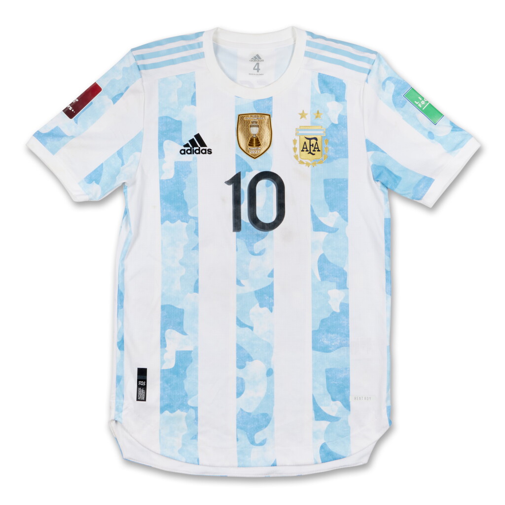 View full screen - View 1 of Lot 9. Lionel Messi Argentina 2021 COMNEBOL World Cup Qualifier Match Worn Shirt .
