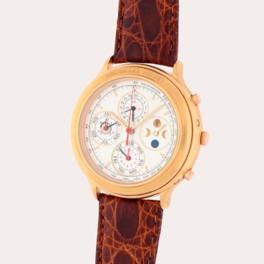 View full screen - View 1 of Lot 280. Jules Audemars, Reference 25695OR.OO.A002XX.01 | A pink gold chronograph perpetual calendar wristwatch with moon phases and leap year indication | Circa 1992.