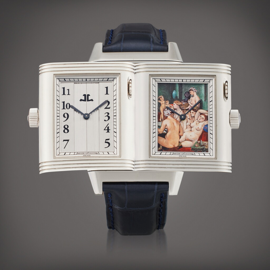 View full screen - View 1 of Lot 157. Reference 246.6.79 Reverso À Eclipses 'Famous Nudes' | A limited edition platinum reversible wristwatch with enamel dial concealed behind shutters depicting The Turkish Bath by Jean Auguste-Dominique Ingres, Circa 2006.