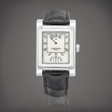 View full screen - View 1 of Lot 2142. Tank À Vis "CPCP", Reference 2554 | A white gold wristwatch with date and wandering hours, Circa 2006 | 卡地亞 | Tank À Vis "CPCP" 型號2554 | 白金腕錶,備日期及漫遊小時顯示,約2006年製.