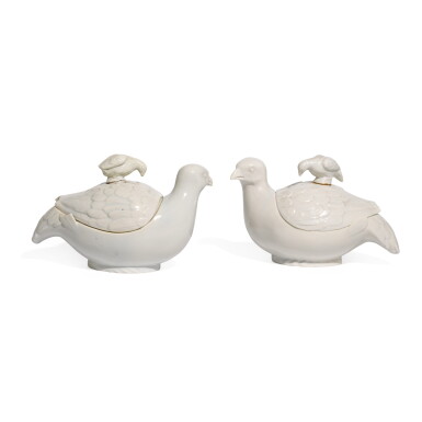 View full screen - View 1 of Lot 95. A pair of Chantilly white porcelain partridge sugar boxes and covers, circa 1750.