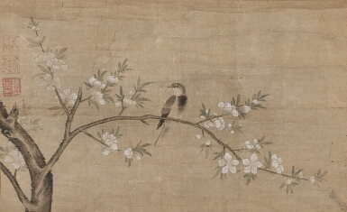 View full screen - View 1 of Lot 2573. Attributed to Qian Xuan 錢選(款) | Peach Blossom and Bird 桃花小禽.