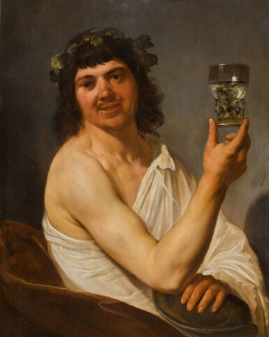 View full screen - View 1 of Lot 5. Portrait of a man, half-length, in the guise of Bacchus holding a drinking vessel.