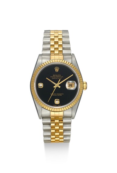 View full screen - View 1 of Lot 8071. ROLEX | DATEJUST, REFERENCE 16233, A STAINLESS STEEL, YELLOW GOLD AND DIAMOND-SET WRISTWATCH WITH DATE, ONYX DIAL AND BRACELET, CIRCA 1997.