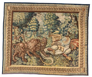 View full screen - View 1 of Lot 406. A "Pugnae Ferarum" Flemish tapestry, 17th century | Tapisserie flamande dite "Pugnae Ferarum", XVIIe siècle.