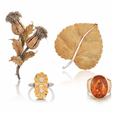 View full screen - View 1 of Lot 1770. TWO GOLD BROOCHES AND TWO GEM SET RINGS | 布契拉提 | K金 胸針兩枚 及 寶石鑲嵌 戒指兩枚.