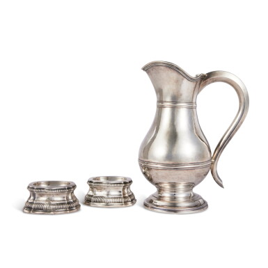 View full screen - View 1 of Lot 317. A Pair of Louis XV Silver Salts and a Louis XV Provincial Silver Wine Jug, Marc-Claude Florat, Paris / Nicolas Levasseur, Reims, 1738 / 1770 .