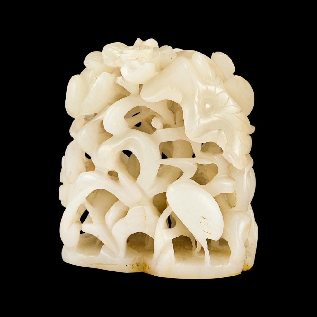 View full screen - View 1 of Lot 2110. A white jade reticulated 'lotus and egrets' finial Ming dynasty | 明 白玉鏤雕一路連科爐頂.