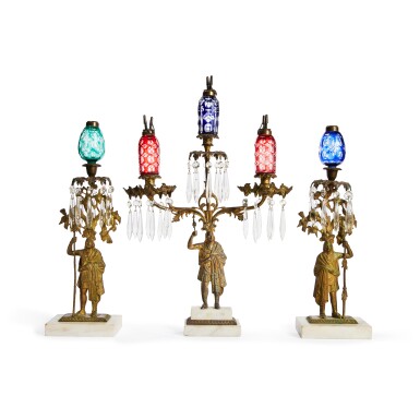 View full screen - View 1 of Lot 48. An American Classical Gilt Brass and Marble-Mounted Three-Piece Girandole Garniture Set, Circa 1855.