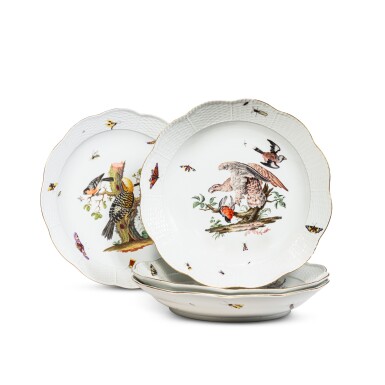 View full screen - View 1 of Lot 43. Four Meissen porcelain ornithological large dishes, one pair circa 1750, the other pair 19th century.