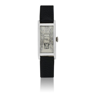 View full screen - View 1 of Lot 76. HAMILTON | AN ART DECO PLATINUM RECTANGULAR WRISTWATCH WITH DIAMOND SET INDEXES CIRCA 1925.