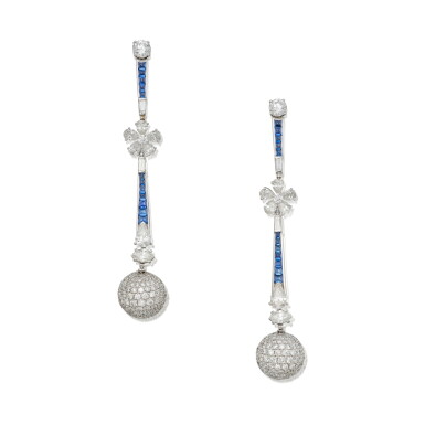 View full screen - View 1 of Lot 6. Pair of Diamond and Sapphire Pendant-Earclips.
