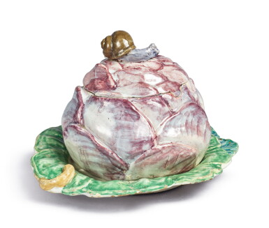 View full screen - View 1 of Lot 152. A CONTINENTAL FAIENCE RED-CABBAGE TUREEN AND COVER ON FIXED STAND, LATE 18TH CENTURY.