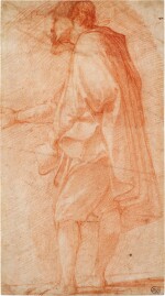 A man wearing a mantle, seen in profile, holding a hat with his left hand, his right arm outstretched