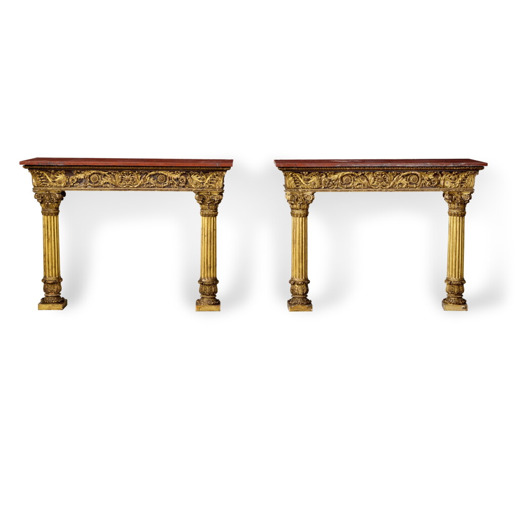View full screen - View 1 of Lot 149. A Pair of Italian Neoclassical Carved and Giltwood Console D'Appliques, Circa 1800.
