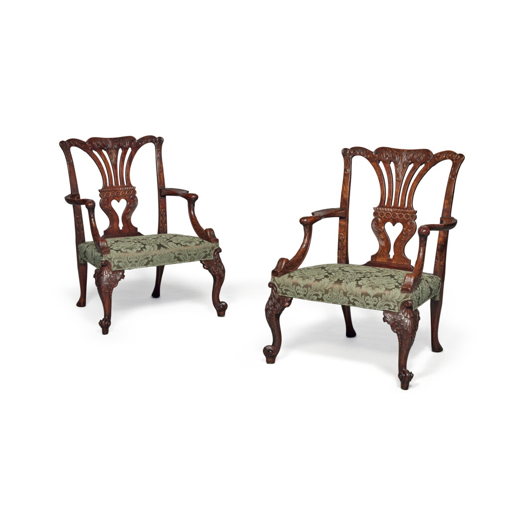 View full screen - View 1 of Lot 42. A Pair of George II Revival Mahogany Open Armchairs, Late 19th Century.