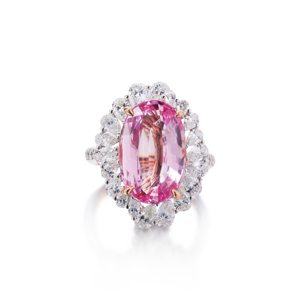 View full screen - View 1 of Lot 570. Padparadscha Sapphire and Diamond Ring.