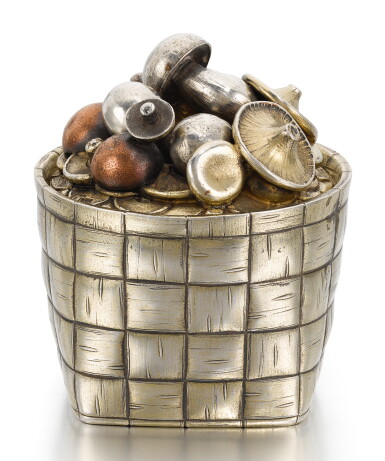 View full screen - View 1 of Lot 426. A PARCEL-GILT SILVER TROMPE-L'OEIL COVERED BOX, SAZIKOV, MOSCOW, 1872.