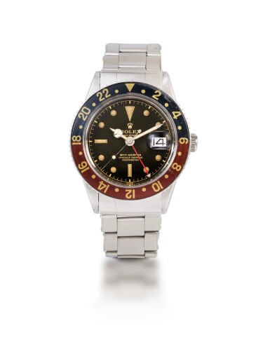 View full screen - View 1 of Lot 63. 'Pussy Galore' GMT-Master, Ref. 6542 Montre bracelet en acier avec deux fuseaux horaires, date et lunette Bakélite | Stainless steel dual time zone wristwatch with date, bracelet and Bakelite bezel Vers 1959 | Circa 1959.