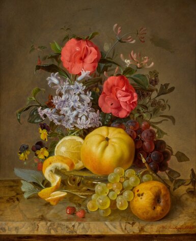 View full screen - View 1 of Lot 109. Still life with fruit and flowers on a marble ledge.