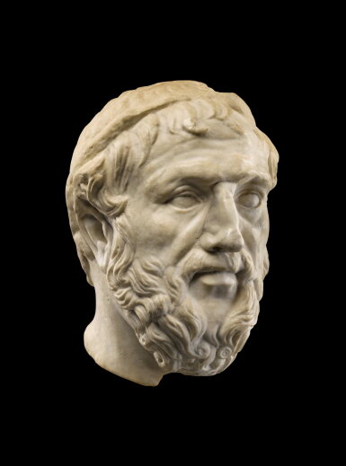 View full screen - View 1 of Lot 111. A Roman Marble Portrait Head of a Greek Man of Letters, probably Homer, circa 2nd Century A.D..