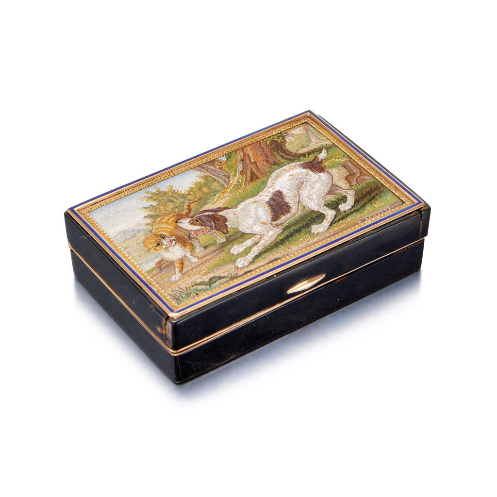View full screen - View 1 of Lot 49. A Gold-Mounted Tortoiseshell and Enamel Snuff Box, Antoine Tardiveau, Paris, 1809-1819, the Micromosaic by Domenico Moglia, Rome, early 19th Century.