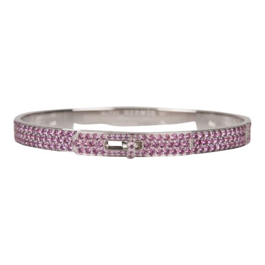 View full screen - View 1 of Lot 107. HERMÈS | KELLY 18K PINK PAVE DIAMOND WHITE GOLD BRACELET SIZE SH.