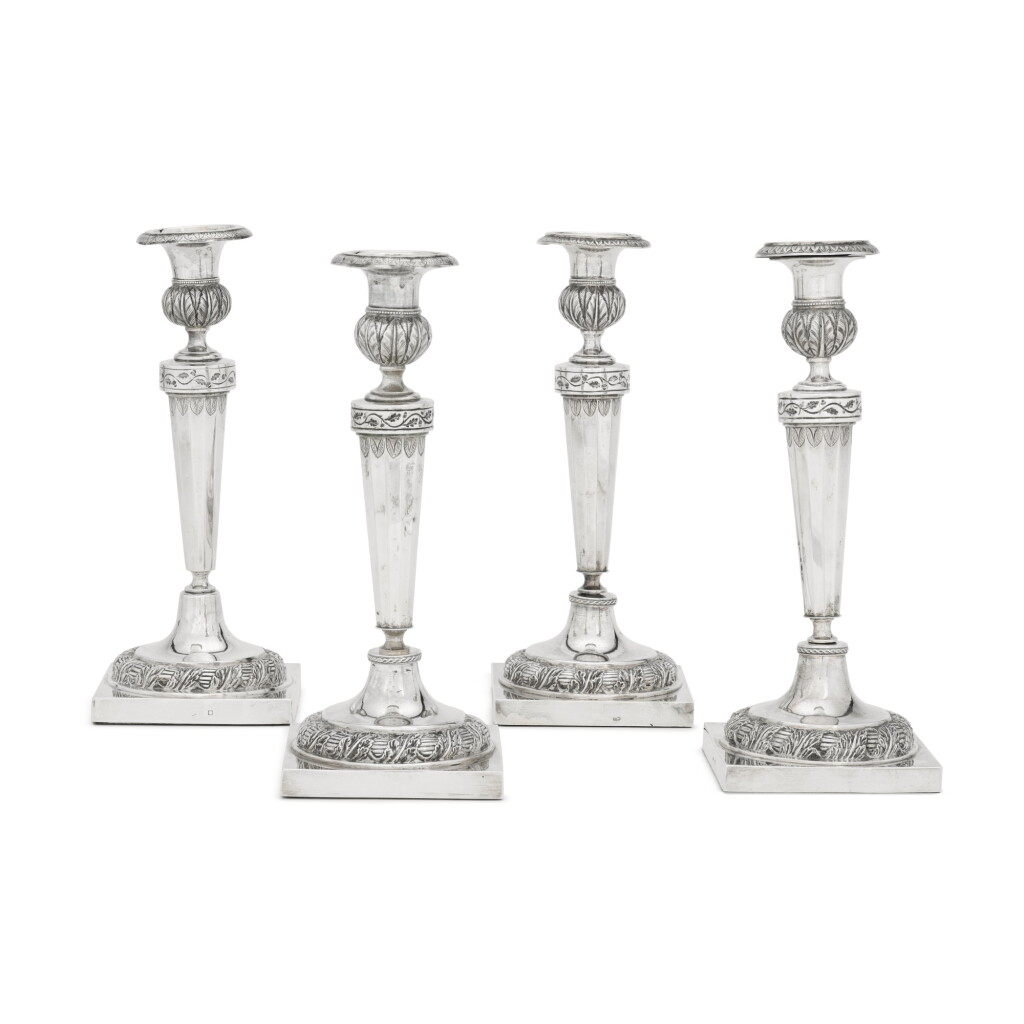 View full screen - View 1 of Lot 1026. Two matched pairs of Belgian and Dutch silver candlesticks, early 19th century.