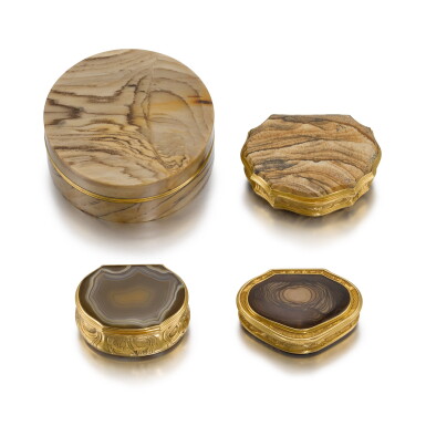 View full screen - View 1 of Lot 42. A group of four gold-mounted hardstone snuff boxes, English or German, circa 1740 and later.