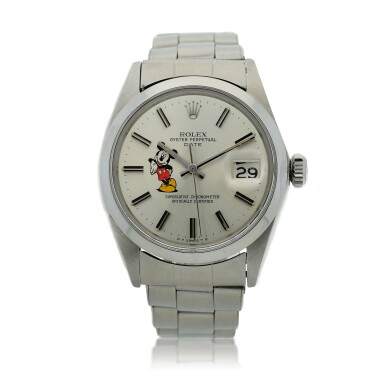 View full screen - View 1 of Lot 125. Reference 1500 Oyster Perpetual Date 'Mickey Mouse' A stainless steel automatic wristwatch with date and bracelet, Circa 1968.