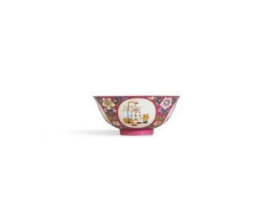 View full screen - View 1 of Lot 2125. A fine ruby-ground famille-rose sgraffiato ‘medallion’ bowl, Seal mark and period of Qianlong | 清乾隆 胭脂紅地軋道洋彩開光五穀豐登膳盌 《大清乾隆年製》款.