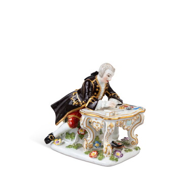 View full screen - View 1 of Lot 634. A Meissen porcelain figure of a cavalier seated writing at a desk, circa 1745.