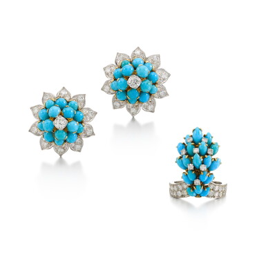 View full screen - View 1 of Lot 90. Turquoise and Diamond Ring and Earclips, Circa 1960.