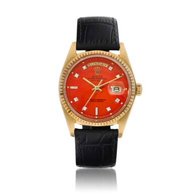 View full screen - View 1 of Lot 8243. Day-Date "Stella", Reference 1803 | A yellow gold and diamond-set wristwatch with day, date and restored red "lacquered" dial, Circa 1978 | 勞力士 Day-Date "Stella" 型號1803 | 黃金鑲鑽石腕錶,備日期、星期顯示及紅色修復漆製錶盤,約1978年製.