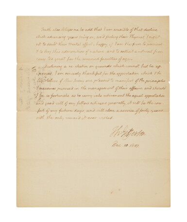 View full screen - View 1 of Lot 1014. Jefferson, Thomas | Citing his "advancing years," Thomas Jefferson declines to seek a third term.