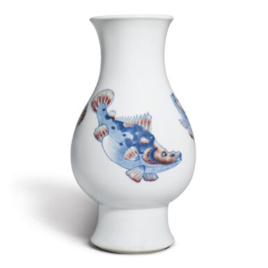 View full screen - View 1 of Lot 270. An underglaze-blue and copper-red 'fish' vase, Qing dynasty, Kangxi period | 清康熙 青花釉裏紅鱖魚圖琵琶尊.