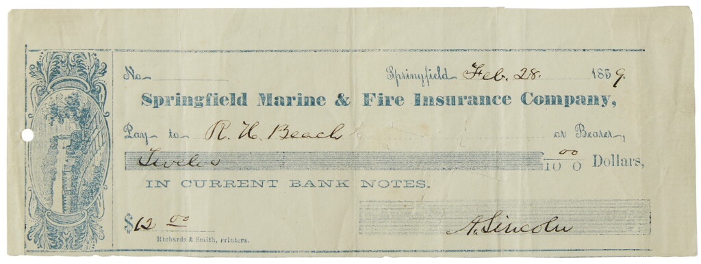 View full screen - View 1 of Lot 2128. Lincoln, Abraham. Printed check signed, 28 February 1859.