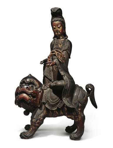 View full screen - View 1 of Lot 1108. A LARGE LACQUERED AND GILT-WOOD FIGURE OF SIMHANADA AVOLOKITESHVARA, LATE MING / EARLY QING DYNASTY.