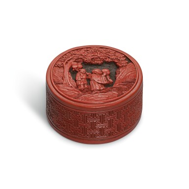 View full screen - View 1 of Lot 44. A CARVED CINNABAR LACQUER BOX AND COVER, QING DYNASTY, QIANLONG PERIOD 清乾隆 剔紅嬰戲圖圓蓋盒.