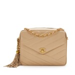 Beige Quilted Chevron Lambskin Tassel Camera Flap Bag Gold Hardware, 1994-1996